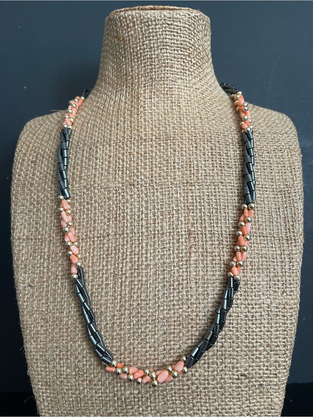 Vintage Handcrafted Coral and Hematite Beaded Necklace.
